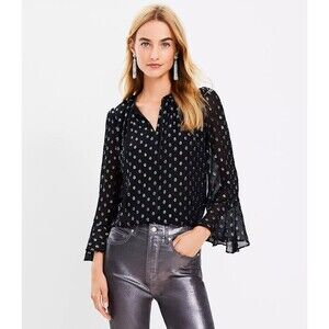 LOFT Women's M Black Metallic Clip Ruffle Long Sleeve Tie Neck Blouse Sheer